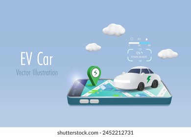 EV car Electric vehicle with charging station pinpoint on smart phone map. Sustainable energy for clean and green environment. 3D vector created from graphic software.