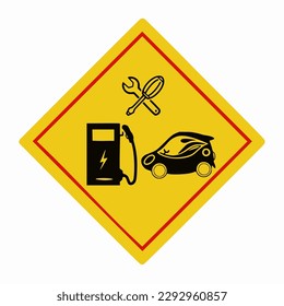 EV Car fixing station sign, Yellow EV vehicle service road sign isolated on white background Illustration vector