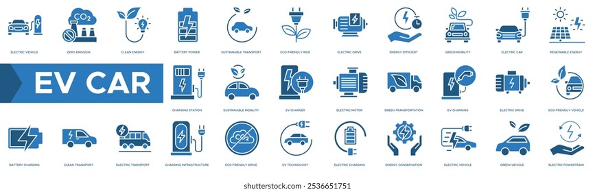 EV Car icon. Electric Vehicle, Zero Emission, Clean Energy, Battery Power and Sustainable Transport