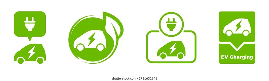 Conjunto de iconos de coche EV. Coche eléctrico con el icono del enchufe. Logotipo de la estación de carga. Señal de vehículos híbridos. Ubicación con energía. Símbolo de vehículo ecológico. Ilustración vectorial.