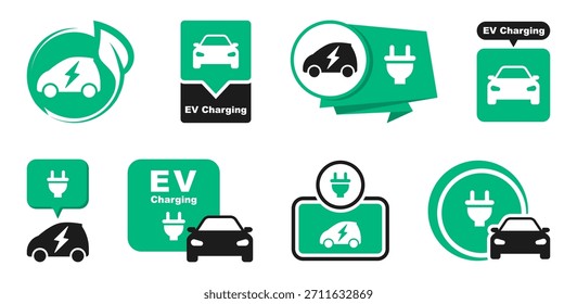 Conjunto de iconos de coche EV. Coche eléctrico con el icono del enchufe. Logotipo de la estación de carga. Señal de vehículos híbridos. Ubicación con energía. Símbolo de vehículo ecológico. Ilustración vectorial.