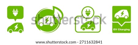 EV car icon set. Electric car with plug icon. Charging station logo. Hybrid vehicles sign. Powered location. Eco friendly vehicle symbol. Vector illustration.