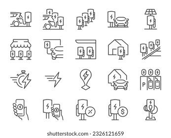 EV car icon set. It included electric car, electric vehicle, ev charger and more icons. Editable Vector Stroke. svg