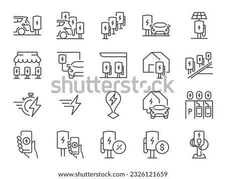 EV car icon set. It included electric car, electric vehicle, ev charger and more icons. Editable Vector Stroke.