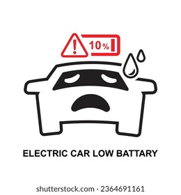 EV Auto Low Batterie Symbol. Elektrofahrzeug mit niedriger Batterie einzeln auf Hintergrund, Vektorgrafik.