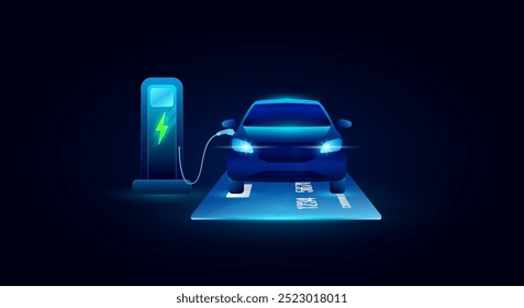 Vehículo eléctrico con tarjeta de crédito. Vehículo eléctrico y estación de carga. Futuro de la energía limpia alternativa a la industria automotriz. Tecnología de energía ambiental. Anuncio Vector EPS10.