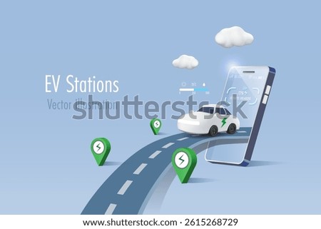EV car on smartphone with charging stations. Electric vehicle car with charging stations service on road. Alternative green energy for sustainable environment. 3D vector.