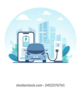 EV car is plugged into a charging station. The background is a cityscape. vector illustration