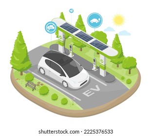 ev car station solar cell power concept energy ecology electric vehicle battery system from solar cell for low emission isometric