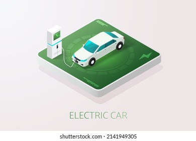 EV car technology or electric car Charge the battery at the charging station. Clean energy, environmentally friendly. isometric vector illustration.