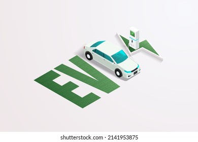 EV car technology or electric car Charge the battery at the charging station. Clean energy, environmentally friendly. isometric vector illustration.