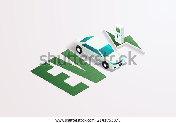 EV car technology or electric car Charge\
the battery at the charging station. Clean energy, environmentally\
friendly. isometric vector\
illustration.