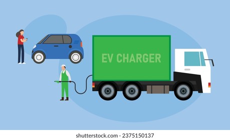 EV car user running out battery with the help from EV charger truck 2d vector illustration concept for banner, website, landing page, flyer, etc