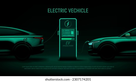 Vehículos eléctricos en la estación de carga. Ilustración vectorial con silueta verde de coches eléctricos y estación de carga. Concepto de energía sostenible amigable con el medio ambiente. Cartel con auto híbrido moderno.