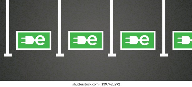 EV charge charging point area, cable battery e bike station. For electric ebike scooter logo. Fun vector bicycle icon or sign. Parking for plug or unplug bikes or car zone symbol. EV charger
