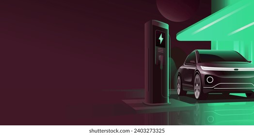 Estación de carga de EV para el coche eléctrico en concepto de estación de carga electromóvil vectorial verde, energía renovable y energía ecológica producida a partir de fuentes sostenibles, combustible alternativo