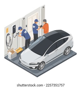 EV Charger Home installation Concept with car Technician use tablet to advise customer to Repair and Maintenance and install House Service isometric isolated illustration cartoon svg
