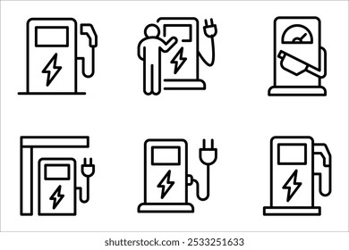 Conjunto de Ícones de Carregador EV. Símbolos de estação de carregamento de veículos elétricos. Ilustração do vetor do carregador do carro elétrico no fundo branco