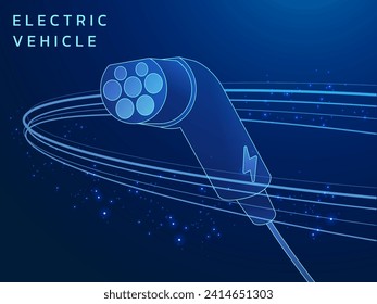 EV charger plug connector type 2, CCS2, AC, DC for electric car digital technology virtual hologram vector design concept. Abstract Type of Electric Car Charging Plug with curved lines, light concept.