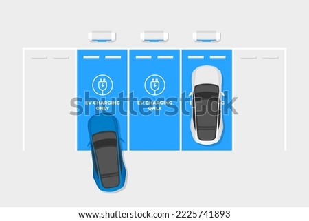 EV Charger stations parking lot. Electric cars charging on empty parking lot area with fast supercharger station. Vector Stockfoto © 
