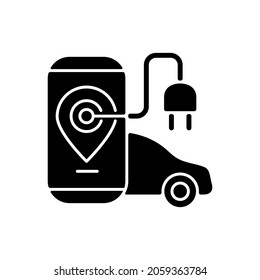Icono de glifo negro de aplicación de carga EV. Aplicación digital para encontrar estaciones de carga para electromóviles. Usando un dispositivo para pagar el combustible natural. Símbolo de silueta en el espacio blanco. Ilustración aislada del vector