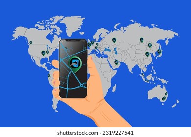 EV Charging App. Hand searching recharging power station for electric battery cars in mobile app EV management zero emission transport.