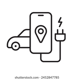 Icono de App de carga EV, puntero de estación de Recargo de coche eléctrico, aplicación de teléfono inteligente para encontrar estaciones de carga para electromóvil, Ilustración vectorial