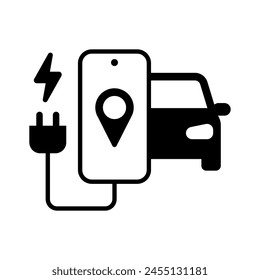 Icono de App de carga EV, puntero de estación de Recargo de coche eléctrico, aplicación de teléfono inteligente para encontrar estaciones de carga para electromóvil, Ilustración vectorial