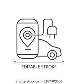 EV charging app linear icon. Digital application to find charging stations for electromobile. Thin line customizable illustration. Contour symbol. Vector isolated outline drawing. Editable stroke