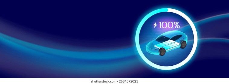 EV Charging illustration showing an electric vehicle with a visible battery and 100% charge, surrounded by a glowing progress circle on a futuristic dark background.
