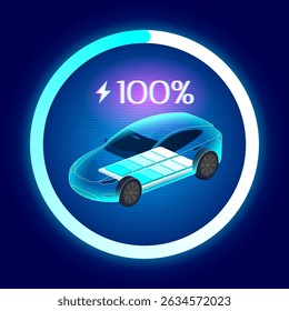 EV ilustração de carregamento mostrando um veículo elétrico com uma bateria visível e 100% de carga, cercado por um círculo de progresso brilhante em um fundo escuro futurista.
