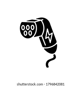 EV charging plug black glyph icon. Electric vehicle battery recharge station, power refuel silhouette symbol on white space. Modern eco friendly transport equipment vector isolated illustration