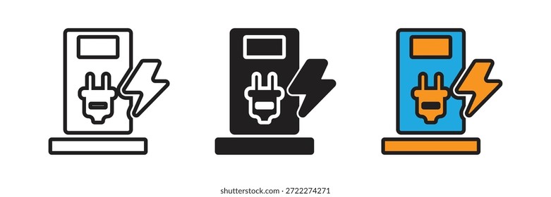 Icono de punto de carga para VE con un enchufe y un rayo, perfecto para la infraestructura de vehículos eléctricos, el transporte ecológico y la energía renovable.
