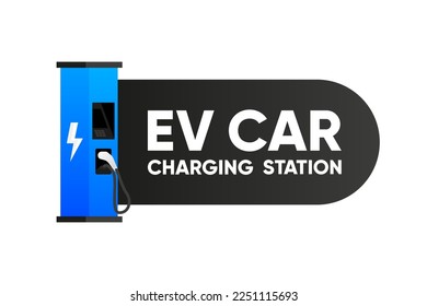 EV Charging Station banner. Electric car charging on parking lot with fast supercharger. Vector illustration.