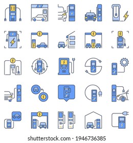 EV Charging Station colored icons set - Electric Car Recharging Point vector concept signs collection