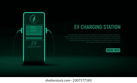 EV charging station concept. Vector illustration with green glowing electric charging station for EV cars. Eco-friendly energy concept.