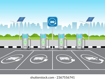 EV Charging Station for Electric Car at Parking Space. Green Energy or Eco-friendly Concept. Vector Illustration. 