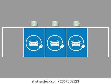 EV Charging Station for Electric Car at Parking Space Aerial View. Green Energy or Eco-friendly Concept. Vector Illustration. 