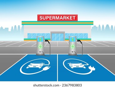 EV Charging Station for Electric Car at Parking Space in Supermarket Store. Green Energy or Eco-friendly Concept. Vector Illustration. 