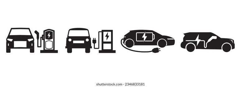 EV charging station flat icon set. Electric vehicle symbol. Place to charge battery of electromobile. Charging Station Related Flat vector Icons set. Contains such Icons as Electric socket station.