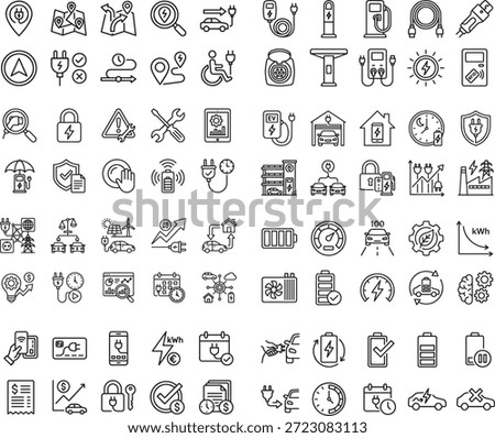 Ev charging station icon set vector illustration. Contains symbols as electric vehicle, renewable energy network and green power outline design style. Editable stroke.