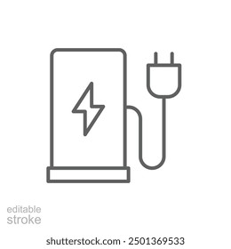 Symbol der EV-Ladestation. Einfaches Gliederungsformat. Kraftwerk, Ladung, Elektrofahrzeug, grüne Energie, Technologiekonzept. Symbol für dünne Linie. Vektorgrafik einzeln. Bearbeitbarer Strich.