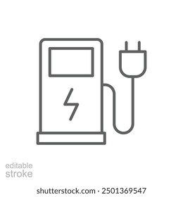 Symbol der EV-Ladestation. Einfaches Gliederungsformat. Kraftwerk, Ladung, Elektrofahrzeug, grüne Energie, Technologiekonzept. Symbol für dünne Linie. Vektorgrafik einzeln. Bearbeitbarer Strich.