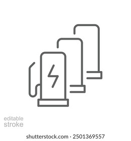 Icono de la estación de carga del EV. Estilo de contorno simple. Estación de suministro de energía, Recargo, vehículo eléctrico, energía verde, concepto de tecnología. Símbolo de línea delgada. Ilustración vectorial aislada. Trazo editable.