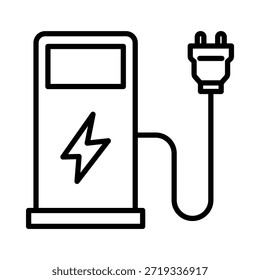 Icono de línea de estación de carga de VE. Simboliza la carga de vehículos eléctricos, energía limpia, energía renovable y transporte sostenible.