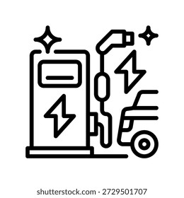 Icono de la línea de la estación de carga del EV, símbolo del contorno para el vehículo eléctrico, fuente de alimentación, futuro de abastecimiento de combustible, infraestructura sostenible y recarga de la batería. Icono de signo de Vector.