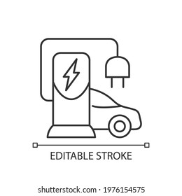 EV charging station linear icon. Place to charge battery of electromobile. Natural fuel. Thin line customizable illustration. Contour symbol. Vector isolated outline drawing. Editable stroke