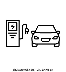 EV charging station linear icon. Place to charge battery of electromobile. Natural fuel. Thin line customizable illustration. Contour symbol. Vector isolated outline drawing. Editable stroke.