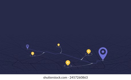 Ubicación de la estación de carga EV a lo largo de la ruta. Navegación de seguimiento Gps. Vista de la Perspectiva en el mapa con las estaciones de EV supercharger cercanas. Ilustración vectorial.