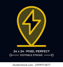 EV charging station location dark color ui icon. Map pin with electricity symbol. Eco friendly refueling. Vector colorful symbol isolated on black. User interface element, pixel perfect
